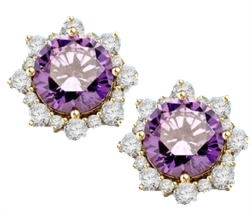 Designer Earrings with Round Amethyst Essence in center Surrounded by Round Brilliant Diamond Essence and Melee. 9.0 Cts. T.W. set in 14K solid Yellow Gold.