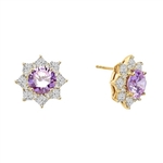 Floral Earrings with 3.50 Cts. each simulated round-cut lavender center surrounded by melee and princess cut Diamonds by Diamond Essence set in 14K Solid Yellow Gold. 13.0 Cts.t.w.