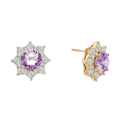 Floral Earrings with 3.50 Cts. each simulated round-cut lavender center surrounded by melee and princess cut Diamonds by Diamond Essence set in 14K Solid Yellow Gold. 13.0 Cts.t.w.