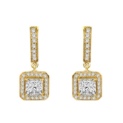 Designer Hoop Earrings with Princess Diamond Essence centerpiece, surrounded by Round Brilliant Melee. 2.25 Cts. T.W. set in 14K solid Yellow Gold.