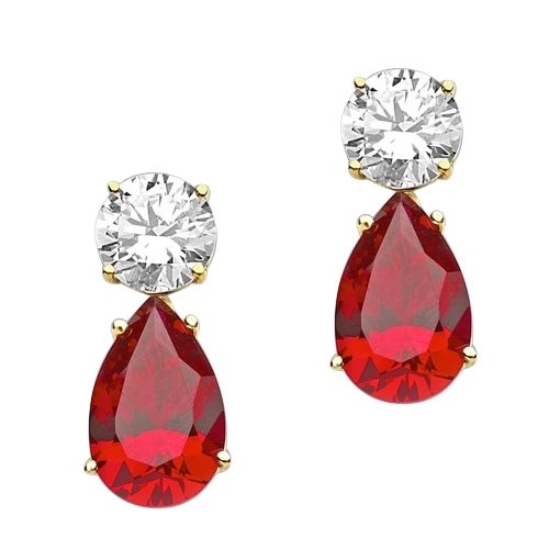 Prong Set Tear Drop Earrings with Artificial Pear Shape Ruby and Round Brilliant Diamonds by Diamond Essence set in 14K Yellow Gold