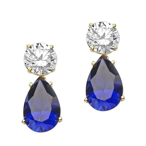 Diamond Essence Earrings, 5.0 Cts. each Pear cut Sapphire Essence dropping off from 2.0 Cts. each Round Diamond Essence Studs, 14.0 Cts. T.W. set in 14K Solid Yellow Gold.