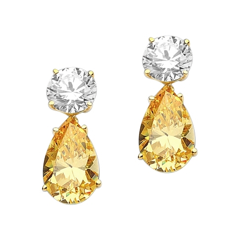 Prong Set Tear Drop Earrings with Artificial Pear Shape Canary and Round Brilliant Diamonds by Diamond Essence set in 14K Solid Yellow Gold