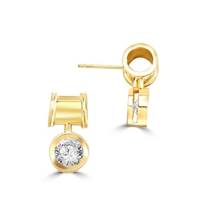 Unique Bezel set drop earring with 2 Cts. T.W. Round Diamond Essence, in 14k Solid Yellow Gold.