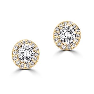 Mini marvelous pair of six-prong set designer earrings with 2.25 Cts. each simulated oval cut center Diamond with round brilliant melee by Diamond Essence set in 14K solid yellow gold. 5.50 Cts.t.w.