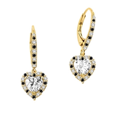 Diamond Essence leverback earrings, 1.0 Ct. each, Heart shape Diamond Essence surrounded by alternately set Onyx and Diamond Essence Melee, which flows on leverback also for additional sparkle. 4.0 Cts. T.W. set in 14K Solid Yellow Gold.