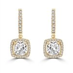 Diamond Essence Leverback Earrings with 1.0 ct. Cushion cut Round Brilliant Melee, 2.50 cts.t.w. in 14K Solid Gold.