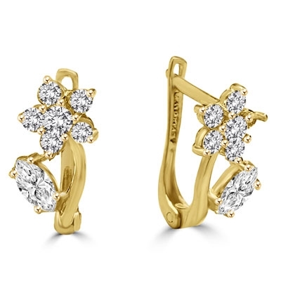 Diamond Essence Delicate Flower Leaf Design Earrings with Round Brilliant and Marquise Melee, 1.50 Cts.T.W. in 14K Solid Yellow Gold.