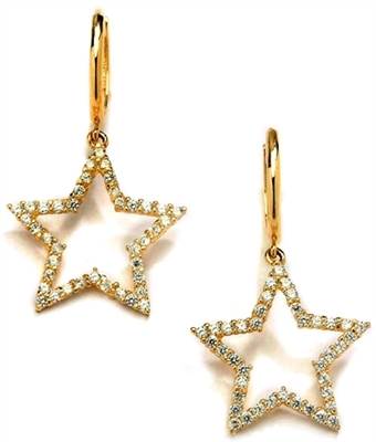 Diamond Essence 14K Solid Yellow Gold Star Dangle Earrings with Round Brilliant Melee, 1.0 Ct.T.W.