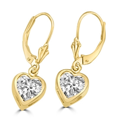 Diamond Essence, Heart shape stone in bezel setting with leverback. 0.75 Cts. T.W. set in 14K Solid Yellow Gold.