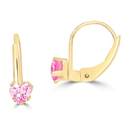 Leverback Earrings with Heart shaped Pink Essence set in five prong  14k Solid Yellow Gold setting, 0.5 Cts. T.W.