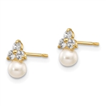 Diamond Essence Round Brilliant stone 0.10 ct each, set in group of three in floral arrangement and round freshwater cultured pearl makes a perfect post earrings for little ears. 0.60 cts.t.w. set in 14K Solid Yellow Gold.