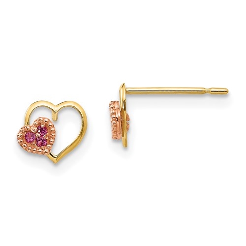 Children's Heart shape Earrings with Round cut Ruby Essence set in  heart shape, 0.06 Cts. T.W. set in 14k Solid Yellow Gold.