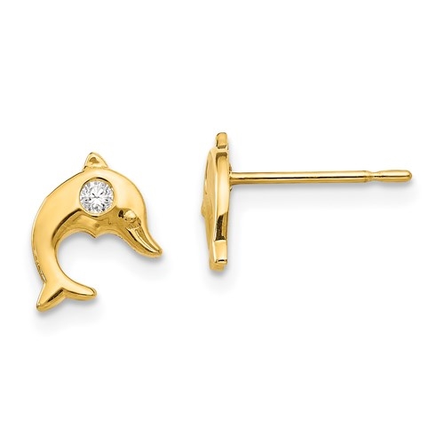 Diamond Essence Dolphin Earrings with 0.10 ct each Round Brilliant stone in each, 0.20 cts t,w. set in 14K Solid Yellow Gold.