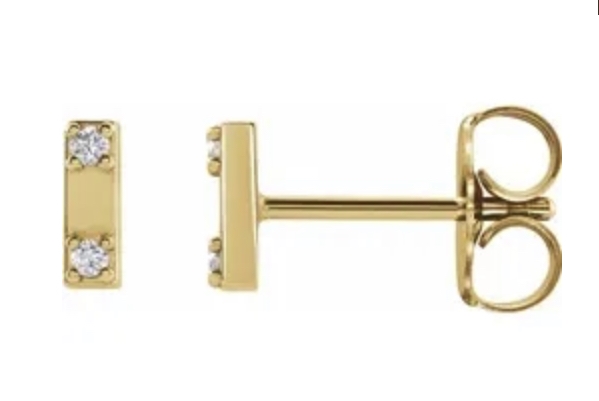 14K Solid Gold Bar earrings, 0.03 cts.t.w. Diamond Essence Round Brilliant Stones in four prong setting. Good for little shine on ears everyday. Wear it as primary earring or add on to second pierce.