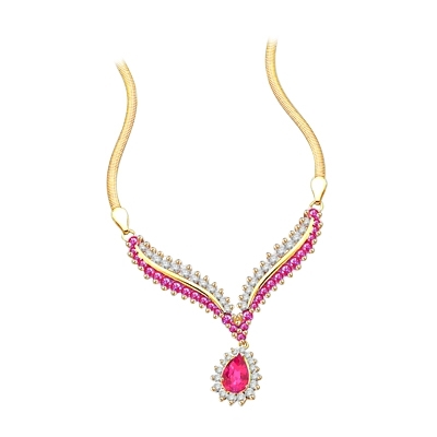Prong Set Necklace with Artificial Pear and Round Cut Ruby and Brilliant Diamonds by Diamond Essence set in 14K Solid Yellow Gold