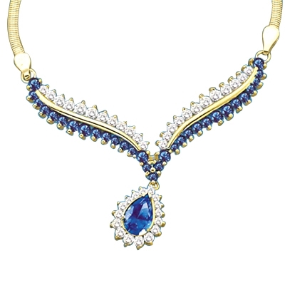 Prong Set Necklace with Artificial Pear and Round Cut Sapphire Essence and Brilliant Diamonds by Diamond Essence set in 14K Solid Yellow Gold