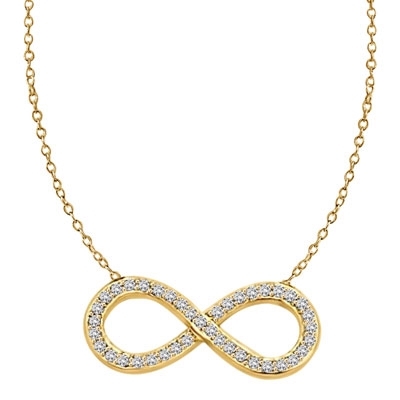 Prong Set Infinity Necklace with Artificial Round Brilliant Melee Diamonds by Diamond Essence set in 14K Solid Yellow Gold