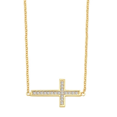 East-West Cross Necklace with 16" long attached chain and 0.25 ct.t.w. Diamond Essence Melee, 14K Solid Gold.