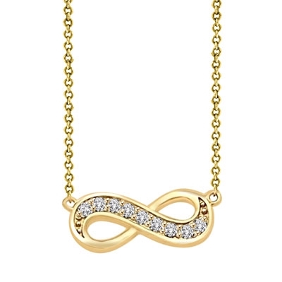 Infinity Necklace with 0.45 ct.t.w. Round Brilliant Diamond Essence stones on 16" long, 14K Solid Yellow Gold chain.