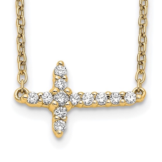 14K yellow gold sideways cross necklace with 0.152 carat lab grown diamonds on an 18 inch chain