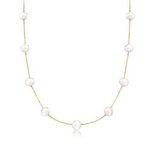 Diamond Essence 18 Inch Long Nine Station Necklace With 4.2mm Each Pearl in 14K Solid Yellow Gold Chain.