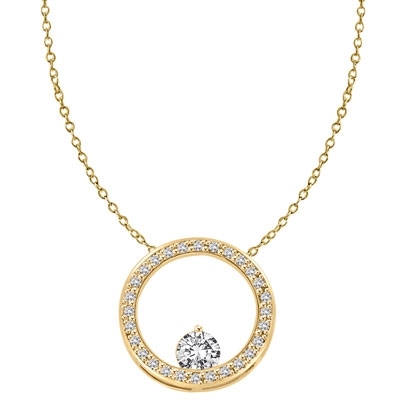 14K Solid Yellow Gold Circular Pendant. 0.50 Ct. Round Brilliant Diamond Essence balanced appealingly at the bottom of a circle made of Melee, 1.20 Cts.T.W.
