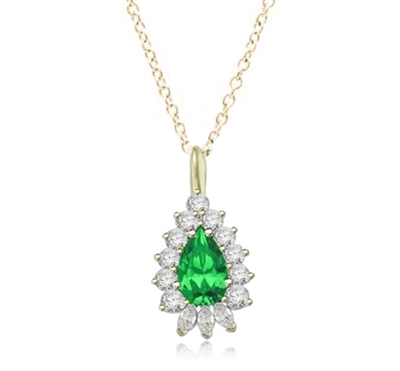 Designer Pendant with 4 Ct. Pear Emerald Essence Center enhanced by round and marquise stones forminmg 5.20 Cts. T.W. in 14K Solid Gold. (Available in Gold Vermeil, item# VPD2603).