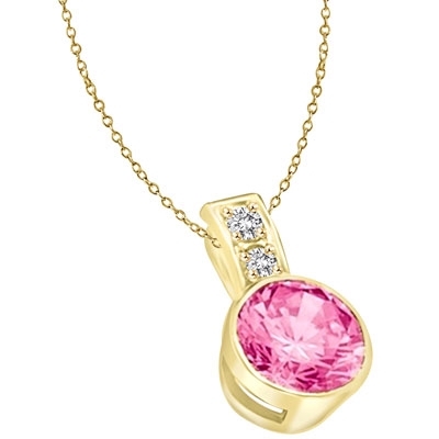 14K solid Gold pendant, 2.06 cts. In all with a 2.0 cts. Bezel-Set Round cut Pink Essence center.