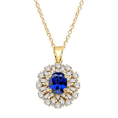 Diamond Essence Designer Pendant in 14K Solid Yellow Gold with 2.5 carat Oval Sapphire Essence in the center, surrounded by Diamond Essence round stones and baguettes. Appx. 4.5 cts.t.w. Just perfect for all occasions.