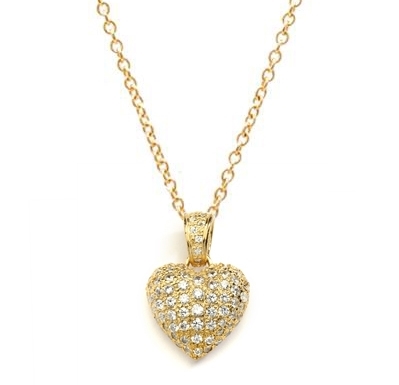 Craftman's delight Heart Pendant with micro pave set Diamond Essence accents shining your love like never before. There are tiny accents on the bale to highlight the overall glory effect. 2.5 Cts. T.W. set in 14K Solid Yellow Gold.