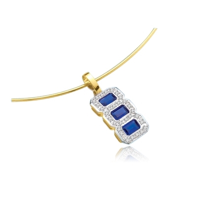 Dynamite triple treat triplet pendant with three matching Sapphire Essence stones—more true in color than most mined sapphires, each in its own frame of sparkling round Diamond Essence pieces 2.1 cts. t.w.in 14K Solid Gold.