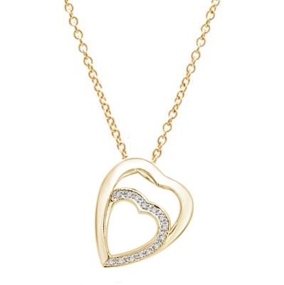 14K Solid Gold pendant with two hearts as one. The larger heart gleams protectingly. The smaller heart nestled lovingly inside flutters with a beautifully bedecked melee of Diamond Essence masterpieces.