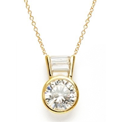 Diamond Essence Slide Pendant with 3.0 ct Round stone and Baguettes, 3.5 ct.tw. in 14K Solid Gold.
Free Vermeil Chain Included.
