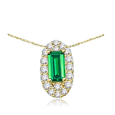 Emerald City Pendant with a 3.0 Cts. Emerald Cut Emerald Essence center surrounded by fiery Round Cut Diamond Essence Stones, 3.30 Cts. T.W. in 14K Solid Gold.
Free Silver Chain Included.