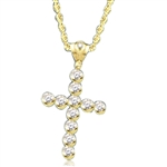 Show your spirit with a heavy, solid cross pendant made with Round Diamond Essence stones 1.5 Cts. each Delightfully Dazzling 2-1/4"H and 1-3/4"W. In 14k Solid Yellow Gold. Chain Not Included.