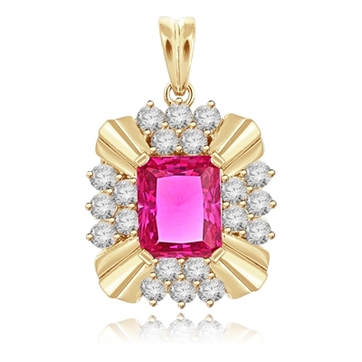 4ct Emerald cut Ruby stone of brilliant pendant in Yellow gold