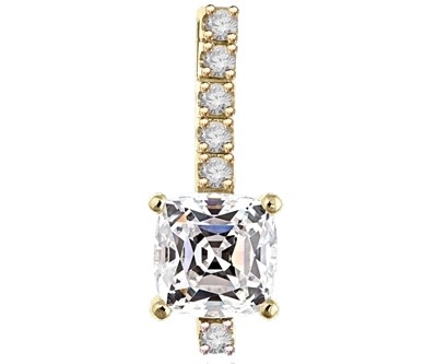 Elegant pendant with 3.0 Cts. Cushion cut Diamond Essence stone in four prong setting, with Round Brilliant stones in four prongs, set on a bar. 4.0 Cts.T.W. in 14K Solid Yellow Gold.