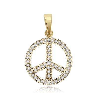 Peace Sign Pendant. Chanel set Round Brilliant Diamond Essence stones sparkling bright and spreading peace everywhere. set in 14K Solid Yellow Gold.