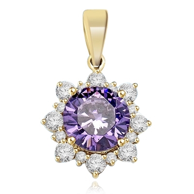 Designer Pendant with Round Amethyst Essence in center surrounded by Round Brilliant Diamond Essence and Melee. 4.5 Cts. T.W. set in 14K Solid Yellow Gold.