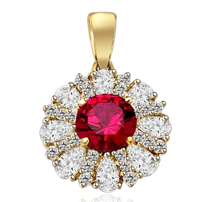 Diamond and Ruby Pendant - 2.0 cts. Round Ruby Essence in center surrounded by Pear Cut Diamond Essence and Melee. 5.5 Cts T.W. set in 14K solid Yellow Gold.