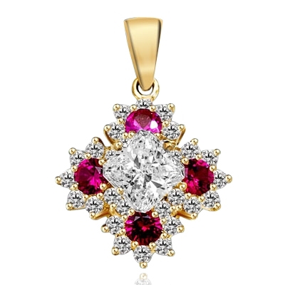 Designer Pendant with Asscher cut Diamond Essence in center surrounded by Floral designs created with Round Ruby Essence and Melee. 6.0 Cts. T.W. set in 14K Solid Yellow Gold.