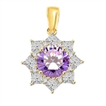Pendant with 3.50 Cts. Round Lavender Essence in center surrounded by Princess Cut Diamond Essence and Melee. 6.50 Cts. T.W. set in 14K Solid Yellow Gold.