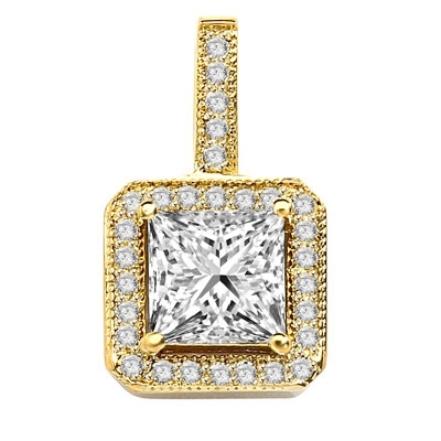 Pretty Princess Cut Diamond Essence centerpiece,surrounded by Round Brilliant Melee in Designer Pendant. 2.0 Cts. T.W. set in 14K solid Yellow Gold.