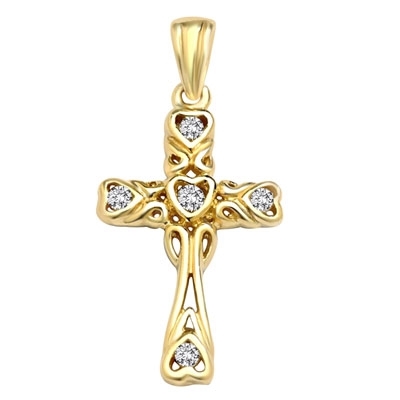 Diamond Essence Round Brilliant Melee set in heart shape carving on Cross Pendant, 0.15 Ct.T.W. in 14K Solid Yellow Gold.