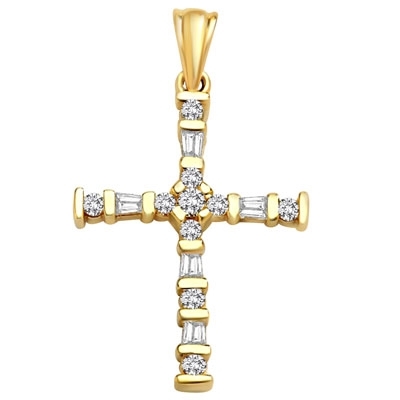 Diamond Essence Cross Pendant with Round Brilliant Melee and Baguettes, set between bars, 0.50 Ct.T.W. in 14K Solid Yellow Gold.