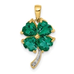 Prong Set Leaf Clover Pendant with Lab Created Emerald Heart and Diamonds Set iN 14K Solid Gold