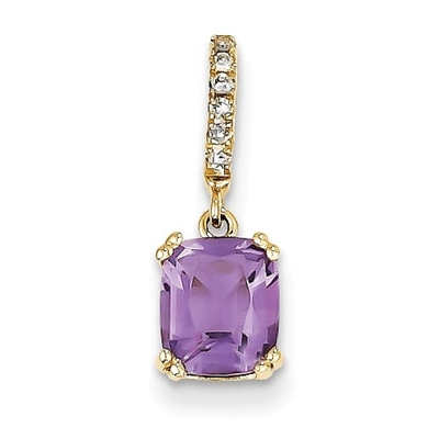 14k Yellow Gold Diamond Essence Solitaire Pendant With French Cut Rectangular Shape Amethyst Cushion Stone Set In 8 Prongs Decorated By Delicate Round Brilliant Melee On The Bail, 1.50 Cts.T.W.