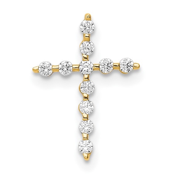 Prong Set Delicate Cross Pendant with Diamond Essence Round Stones Set in 14K Solid Yellow Gold