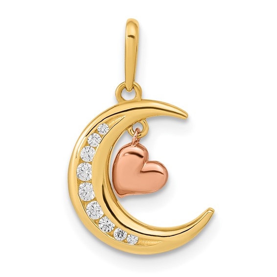 Tension  Set Diamond Essence Round Melee in 14K Two Tone Heart and Moon Pendant